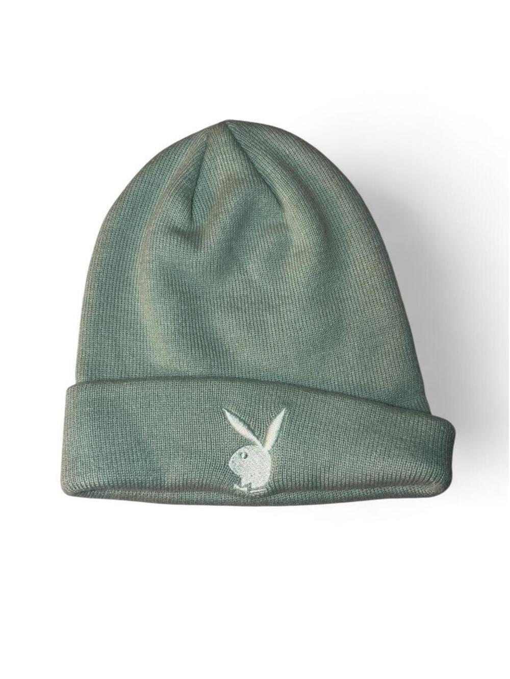 Playboy Bunny Embroidered Cuffed Knit Beanie Hat – Pastel Sage Mint Green